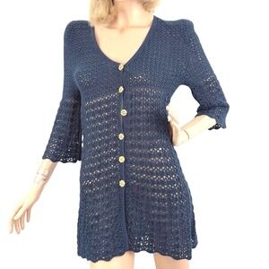 Vintage Crochet Longline Cardigan Navy Blue VNeck Lagenlook Boho Parisian Chic S